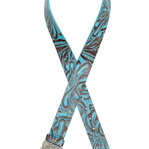 Patricia Nash Roseanna Stone Buckle Tooled Leather Belt-Turquoise-M 36\